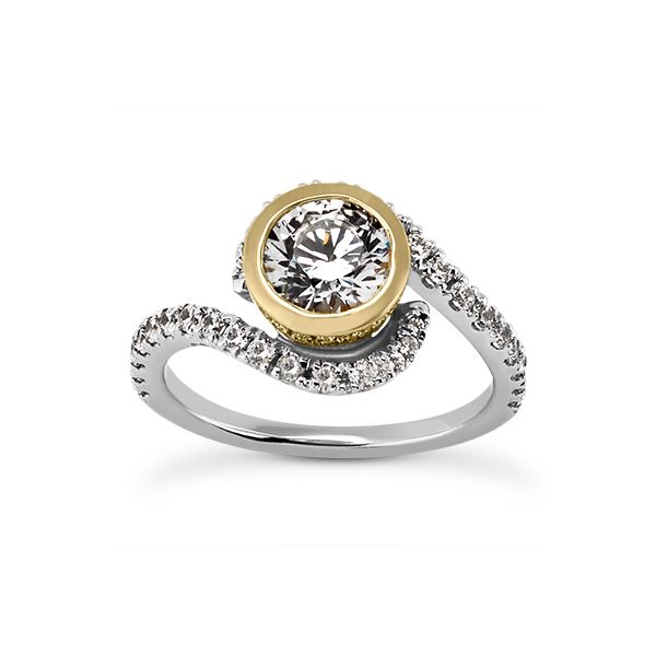 Curved diamond engagement ring with bezel set center The Ring Austin Round Rock, TX