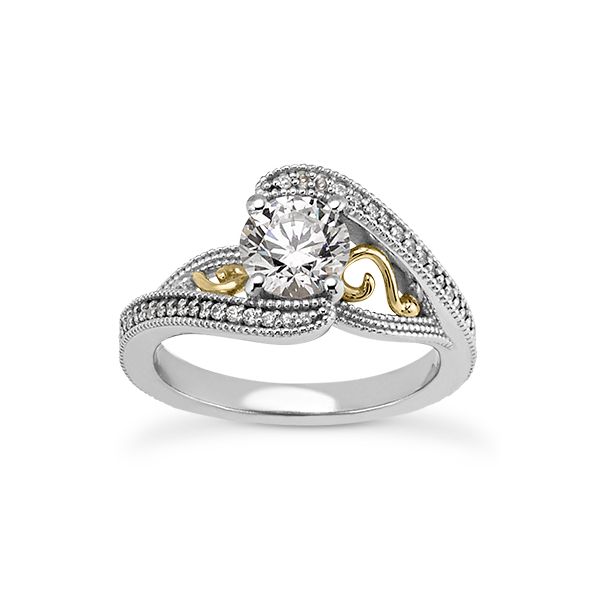 Curved diamond engagement ring with yellow gold scallop design The Ring Austin Round Rock, TX