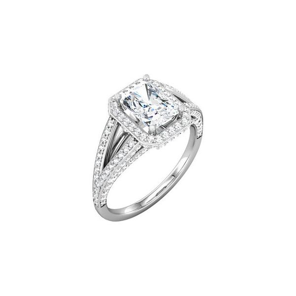 Rectangle center halo split shank diamond engagement ring The Ring Austin Round Rock, TX