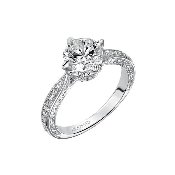 14K WG Mined Diamond Cathedral Accented Head With Engravings Engagement Ring The Ring Austin Round Rock, TX