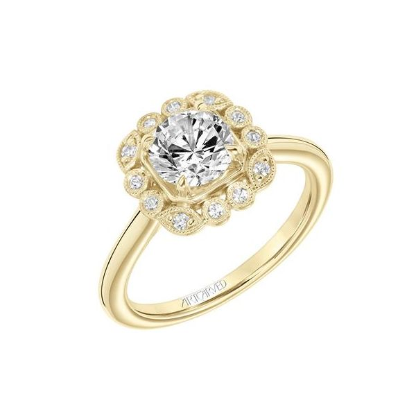 1/8CTW 14K YG Mined Diamond Halo With Bezel Set Mil Grain Engagement Ring The Ring Austin Round Rock, TX