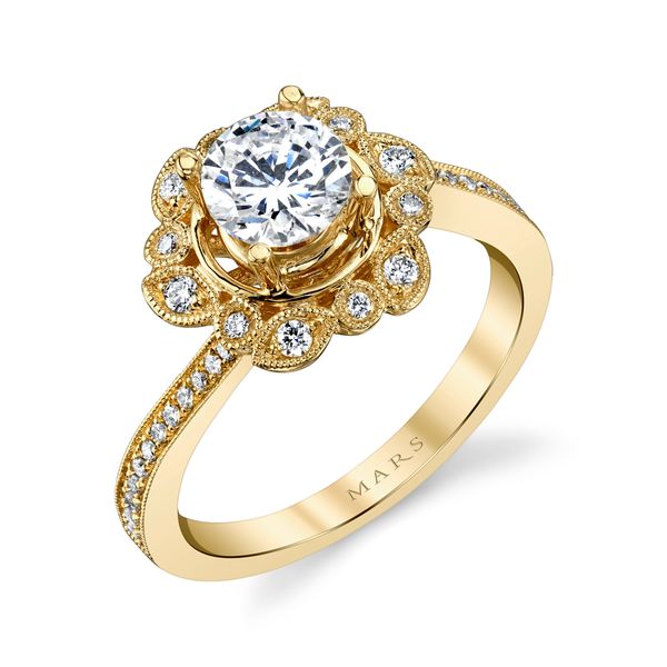 1/5CTW 14K Yellow Gold Mined Diamond Flower Halo With Mil Grain Engagement Ring The Ring Austin Round Rock, TX