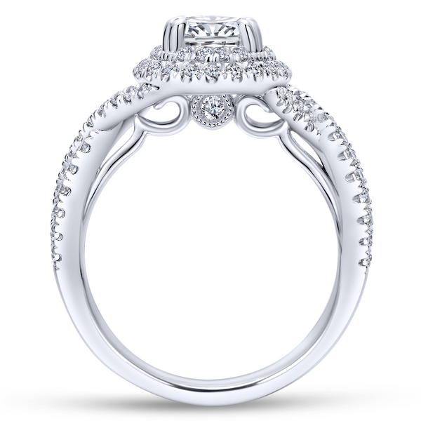 Modern engagement ring featuring two pave diamond halos looped around the oval cut center stone, plus a band of criss crossing d Image 3 The Ring Austin Round Rock, TX