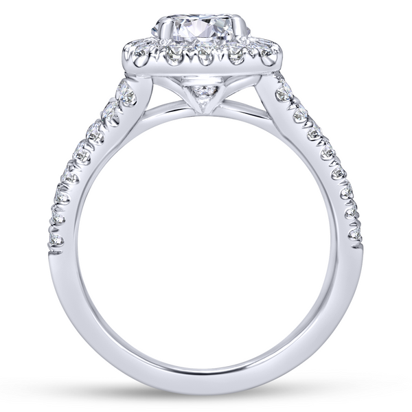 Diamond rows split toward the lavish halo in this white gold engagement ring Image 3 The Ring Austin Round Rock, TX