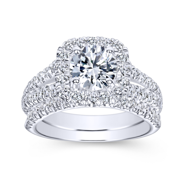 Diamond rows split toward the lavish halo in this white gold engagement ring Image 4 The Ring Austin Round Rock, TX
