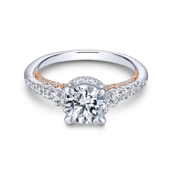 A string of graduated round diamonds adorns the reverse tapered band of this polished round cut engagement ring with a pop of rose gold shining from b Image 2 The Ring Austin Round Rock, TX