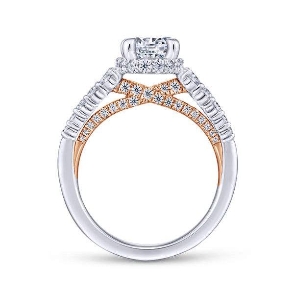 A string of graduated round diamonds adorns the reverse tapered band of this polished round cut engagement ring with a pop of ro Image 3 The Ring Austin Round Rock, TX