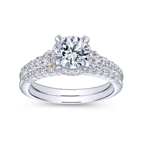 A string of graduated round diamonds adorns the reverse tapered band of this polished round cut engagement ring with a pop of ro Image 4 The Ring Austin Round Rock, TX