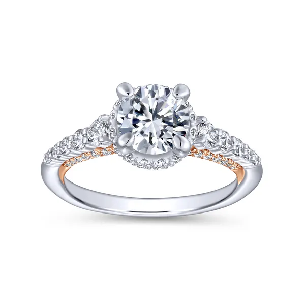 A string of graduated round diamonds adorns the reverse tapered band of this polished round cut engagement ring with a pop of rose gold shining from b Image 5 The Ring Austin Round Rock, TX