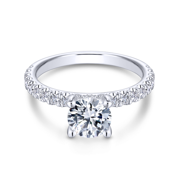 Sparkling round cut engagement ring with a scalloped pave diamond band Image 2 The Ring Austin Round Rock, TX