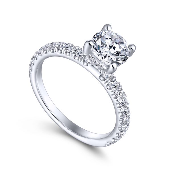 Sparkling round cut engagement ring with a scalloped pave diamond band The Ring Austin Round Rock, TX