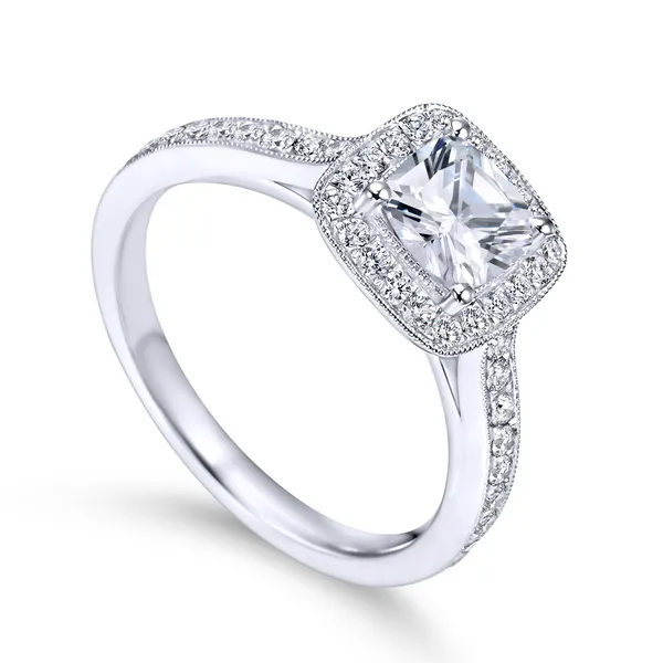 Vintage 14k White Gold Cushion Cut Halo Diamond Engagement R The