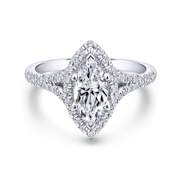 Marquise cut stunner boasts a complementary diamond halo atop an elegant split shank pave diamond band Image 2 The Ring Austin Round Rock, TX