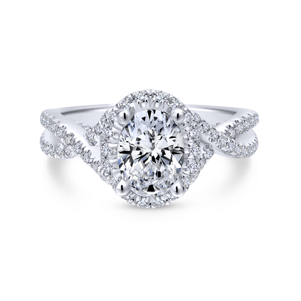 Overlapping strands of pave diamonds twist up toward the center stone of this enchanting white gold engagement ring w/ oval fram Image 2 The Ring Austin Round Rock, TX