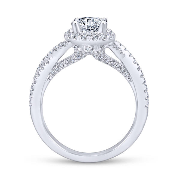 Overlapping strands of pave diamonds twist up toward the center stone of this enchanting white gold engagement ring w/ oval fram Image 3 The Ring Austin Round Rock, TX