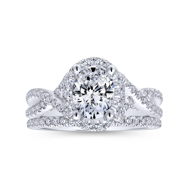 Overlapping strands of pave diamonds twist up toward the center stone of this enchanting white gold engagement ring w/ oval fram Image 4 The Ring Austin Round Rock, TX