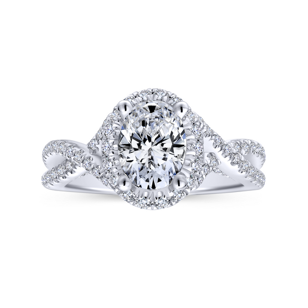 Overlapping strands of pave diamonds twist up toward the center stone of this enchanting white gold engagement ring w/ oval fram Image 5 The Ring Austin Round Rock, TX