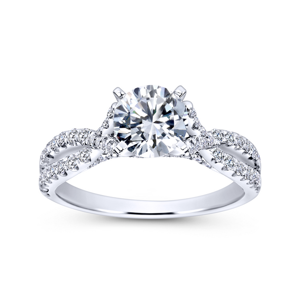 Vintage inspiration and criss cross detailing create a bedazzling 14K white gold engagement ring Image 5 The Ring Austin Round Rock, TX
