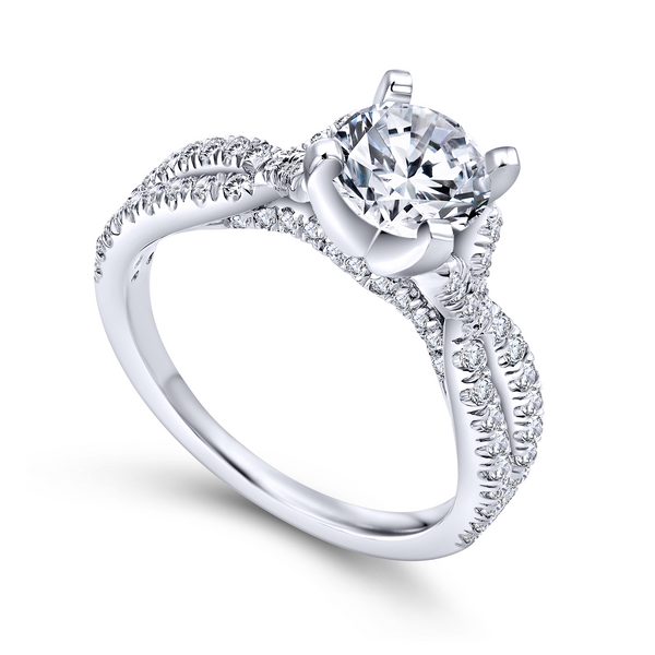 Vintage inspiration and criss cross detailing create a bedazzling 14K white gold engagement ring The Ring Austin Round Rock, TX