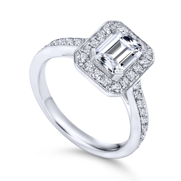 14k white gold diamond halo ring is beautifully handcrafted with side diamond channels The Ring Austin Round Rock, TX