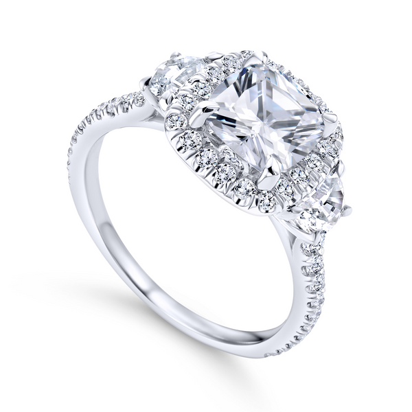 3 stone engagement ring style with a scalloped 14k white gold and diamond band The Ring Austin Round Rock, TX