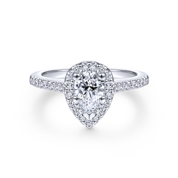 Pear shaped engagement ring features beautiful pave diamonds in the halo and on the band Image 2 The Ring Austin Round Rock, TX