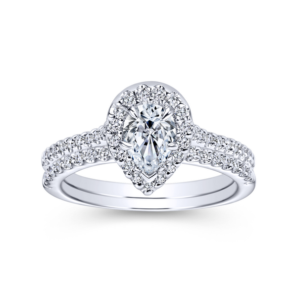 Pear shaped engagement ring features beautiful pave diamonds in the halo and on the band Image 4 The Ring Austin Round Rock, TX