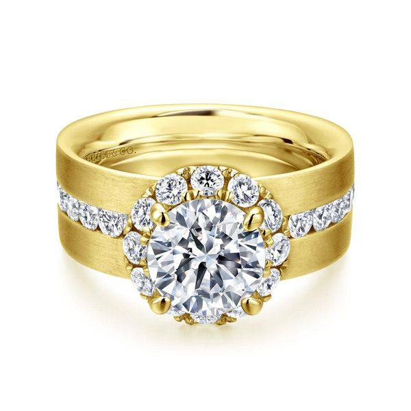 1 1/5CTW 14K Yellow Gold Halo Mined Diamond Thick Band Channel Set Engagement Ring Sandblasted/ polished finish Image 2 The Ring Austin Round Rock, TX