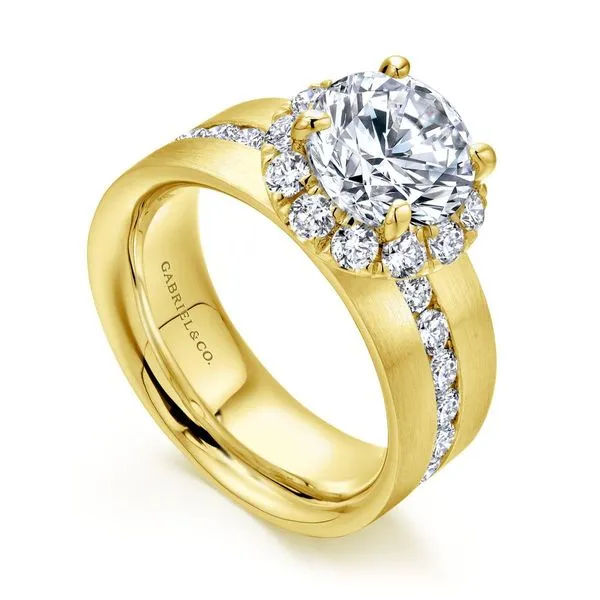 1 1/5CTW 14K Yellow Gold Halo Mined Diamond Thick Band Channel Set Engagement Ring Sandblasted/ polished finish The Ring Austin Round Rock, TX