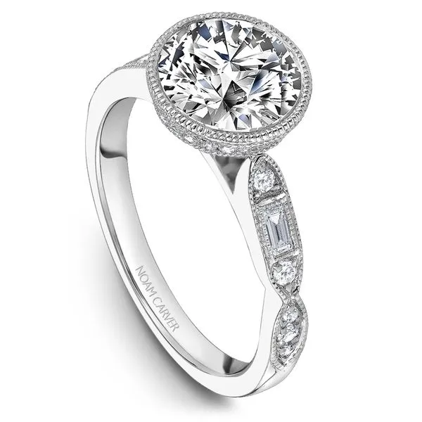 1/2CTW 14K WG Mined Diamond Cathedral With Baguette and Round Mil Grain Bezel Set Center Engagement Ring The Ring Austin Round Rock, TX