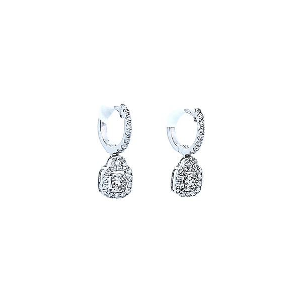3/4CTW 14K WG Mined Diamond Round Huggie Dangle Cushion Halo Earrings Image 2 The Ring Austin Round Rock, TX