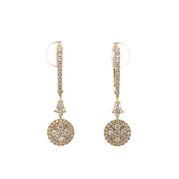 1.00CTW 18K Yellow Gold Natural Diamond Round Halo Cluster With Kite Diamond Dangle Latch Back Earring The Ring Austin Round Rock, TX