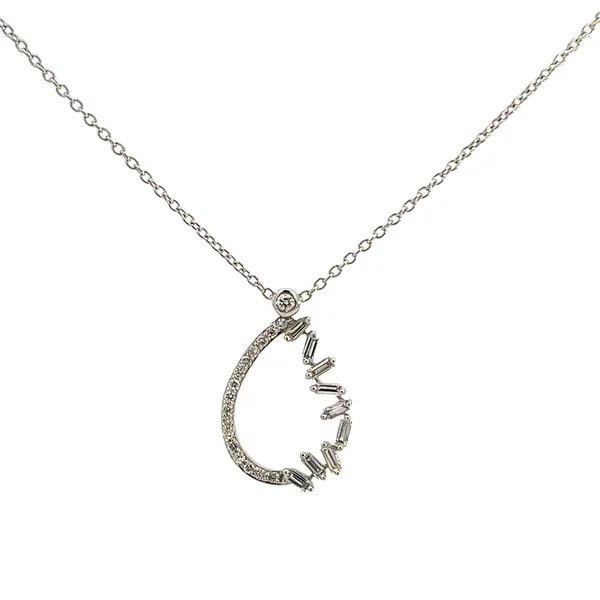 1/3CTW 14K WG Mined Diamond Pear Halo With Half Round and Half Baguette Pendant Necklace With lobster Clasp The Ring Austin Round Rock, TX