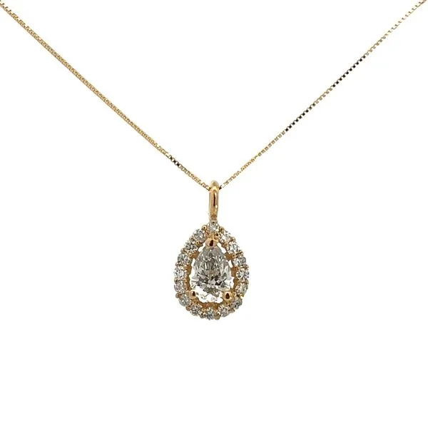 1 1/6CTW 14K YG Mined Diamond Halo Paired With 0.85CT Lab Grown Pear Pendant Necklace on a 0.50mm Box chain 18'' The Ring Austin Round Rock, TX