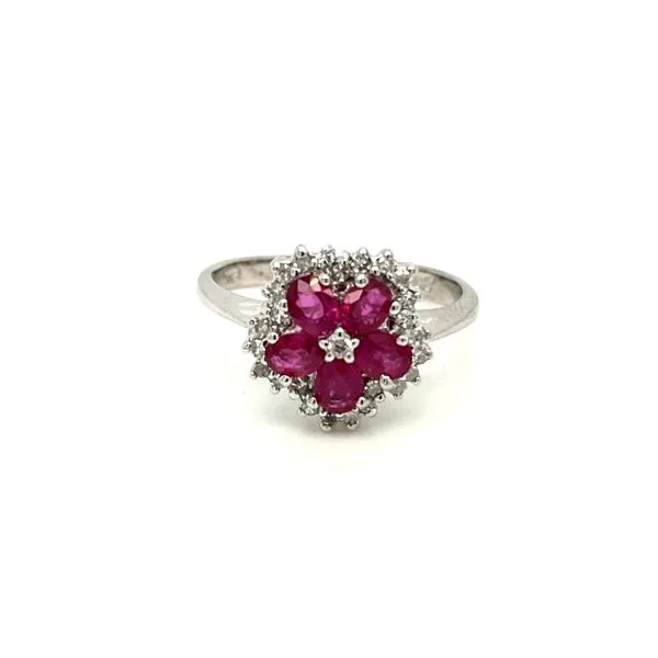 14K White Gold Ladies Natural Ruby Flower Halo Ring The Ring Austin Round Rock, TX