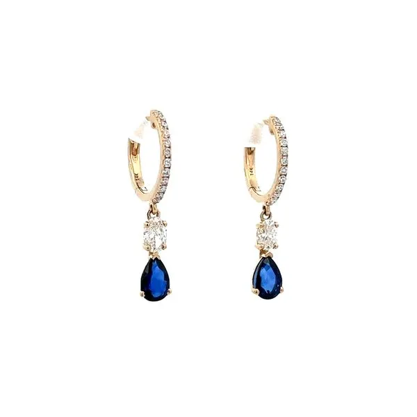 14K YG Mined Diamond Huggee Dangle Earrings with Blue sapphire Pear and Oval Diamonds Image 2 The Ring Austin Round Rock, TX