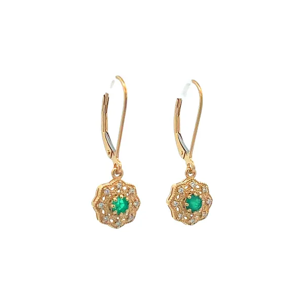 14K YG Flower Mill Grain Halo Lever back earrings with Natural RD Green Emeralds Image 2 The Ring Austin Round Rock, TX