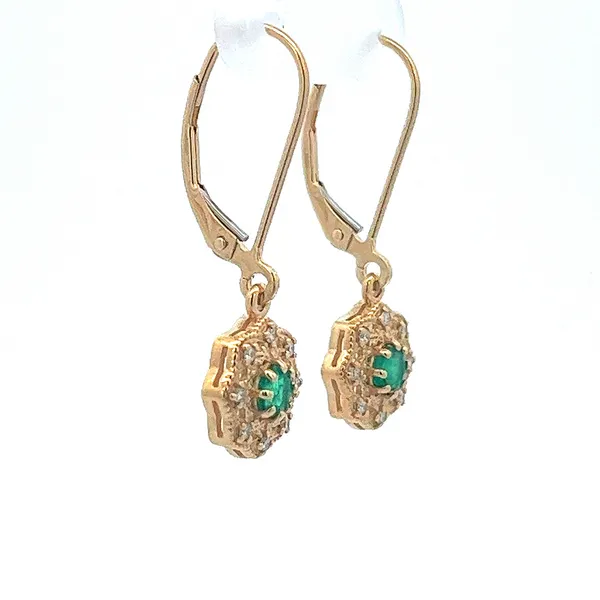 14K YG Flower Mill Grain Halo Lever back earrings with Natural RD Green Emeralds Image 3 The Ring Austin Round Rock, TX