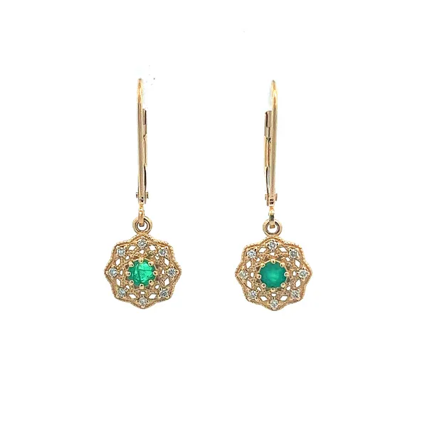 14K YG Flower Mill Grain Halo Lever back earrings with Natural RD Green Emeralds The Ring Austin Round Rock, TX
