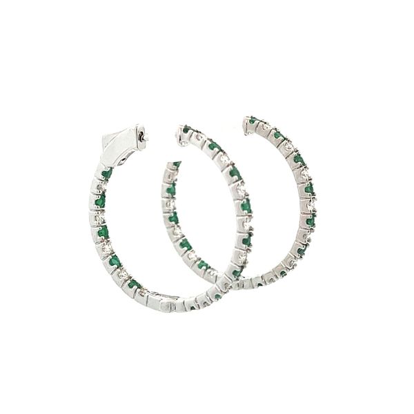 14K White Gold Emerald and Mined Diamond Alternating Inside/Outside Hoop Earrings Image 3 The Ring Austin Round Rock, TX