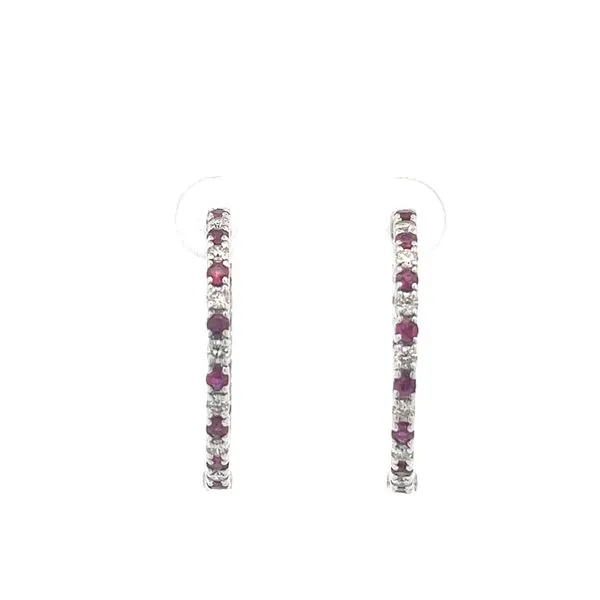 14K White Gold Ruby and Mined Diamond Alternating Inside/Outside Hoop Earrings Image 2 The Ring Austin Round Rock, TX