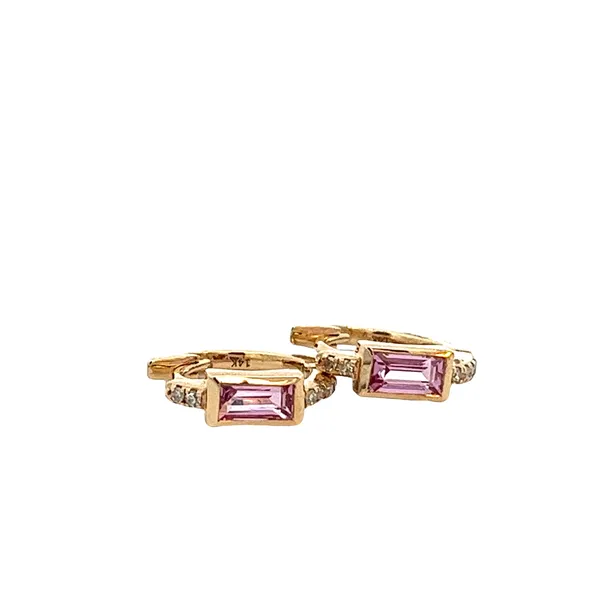 1/20CT Mined Diamond Pave With Natural 5/8CT Emerald Cut Pink Sapphire Huggee Hoop Earrings Image 5 The Ring Austin Round Rock, TX