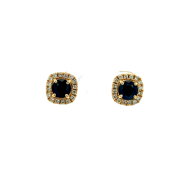 1/4CTW 14KT Yellow Gold Mined Diamond Halo With 9/10CTW Natural Round Blue Sapphire Stud Earrings The Ring Austin Round Rock, TX