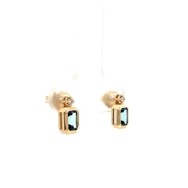 3/4CTW 14K YG London Blue Topaz Emerald Cut With Natural Round Diamond Bezel Set Stud Earrings Image 3 The Ring Austin Round Rock, TX