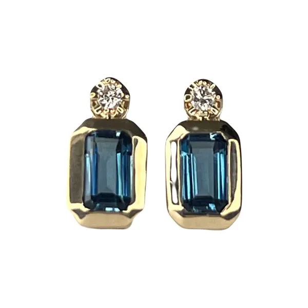3/4CTW 14K YG London Blue Topaz Emerald Cut With Natural Round Diamond Bezel Set Stud Earrings The Ring Austin Round Rock, TX