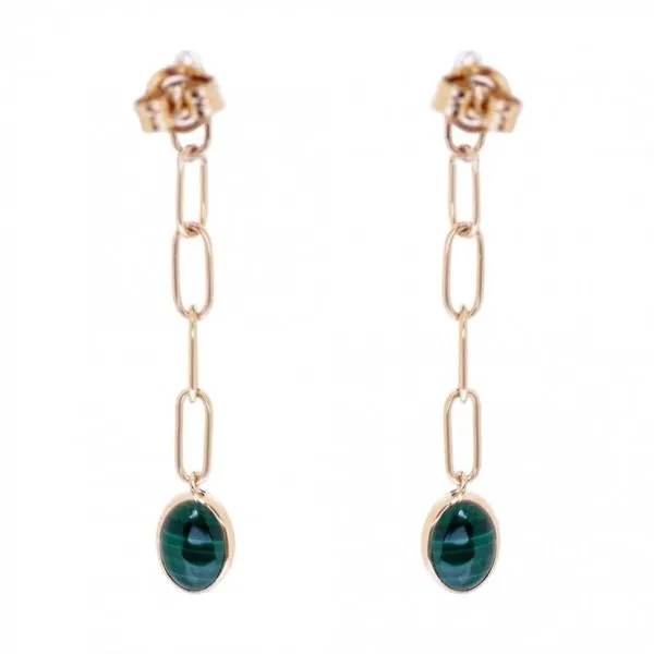 14K YG Paper Clip Chain With Bezel Set Dangle Malachite Cabochon Gemstone Stud Earrings Image 2 The Ring Austin Round Rock, TX