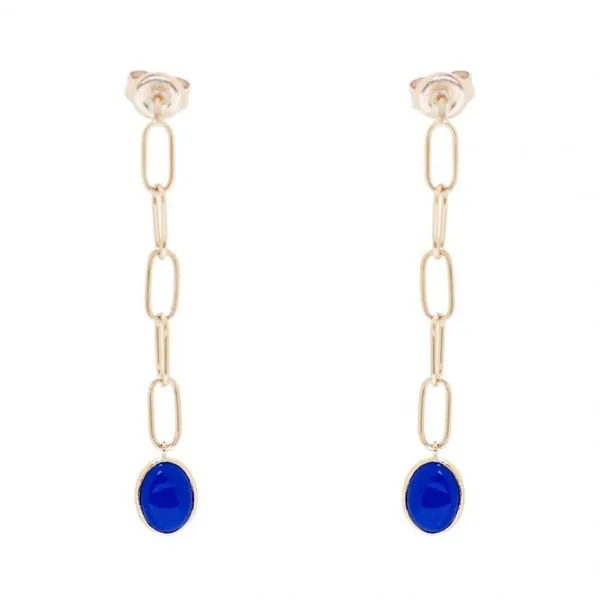 14K YG Paper Clip Chain With Bezel Set Dangle Blue Lapis Cabochon Gemstone Stud Earrings The Ring Austin Round Rock, TX
