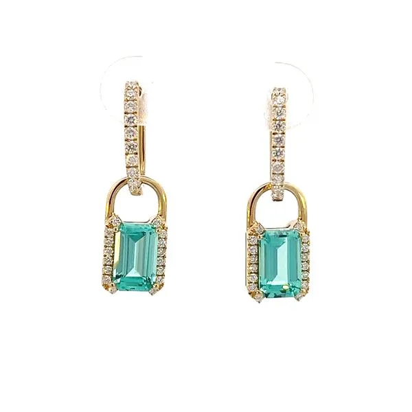 3 1/3CTW 14K YG LG Chrysoberyl Emerald Cut & Diamond Accented Dangle Hinge Hoop Earrings The Ring Austin Round Rock, TX