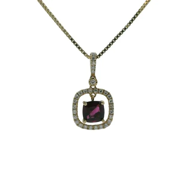 1/4CTW 14K YG Mined Diamond Halo With Rhodolite Garnet Cushion Dangle Center Pendant With Adjustable Cable Chain Nacklace The Ring Austin Round Rock, TX