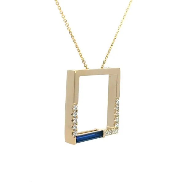 7/8CTW 14K YG LG Blue Sapphire Baguette & Diamond Pave Square Pendant Necklace 18'' Image 3 The Ring Austin Round Rock, TX